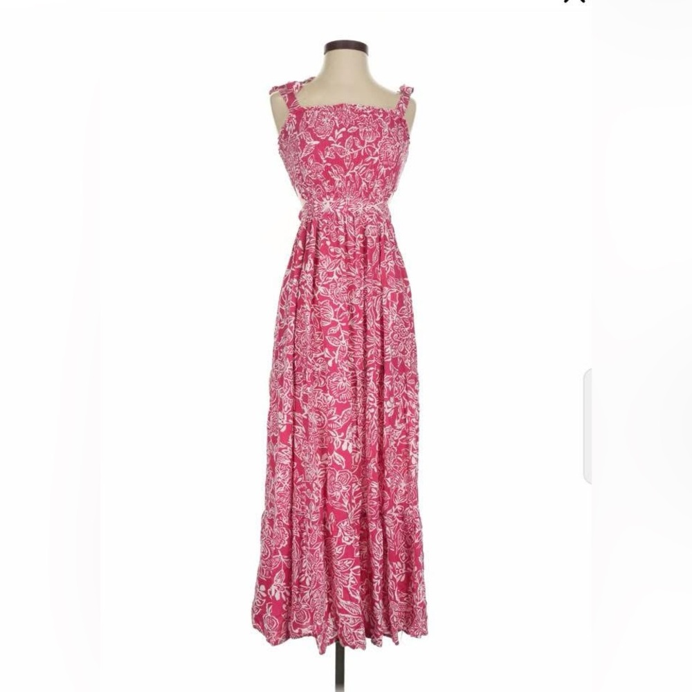 Pink Floral Maxi Dress with Smocked Bodice